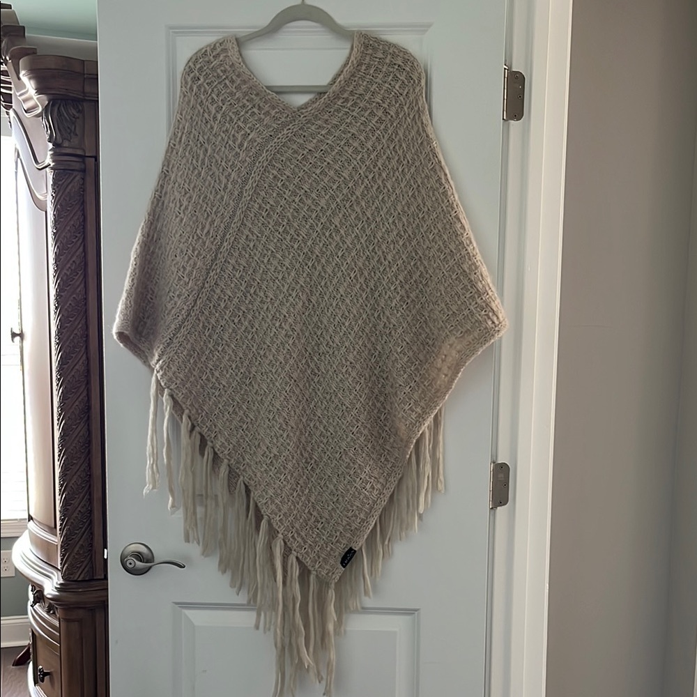 Beige Knit Poncho with Fringe
